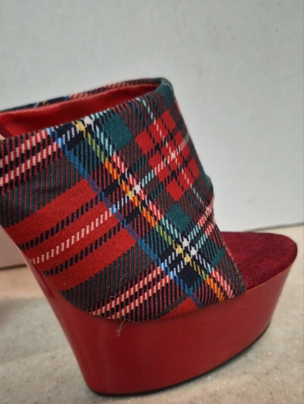 Forplay Red Plaid Platform Slide Heels with Multicolor Tartan Upper 8